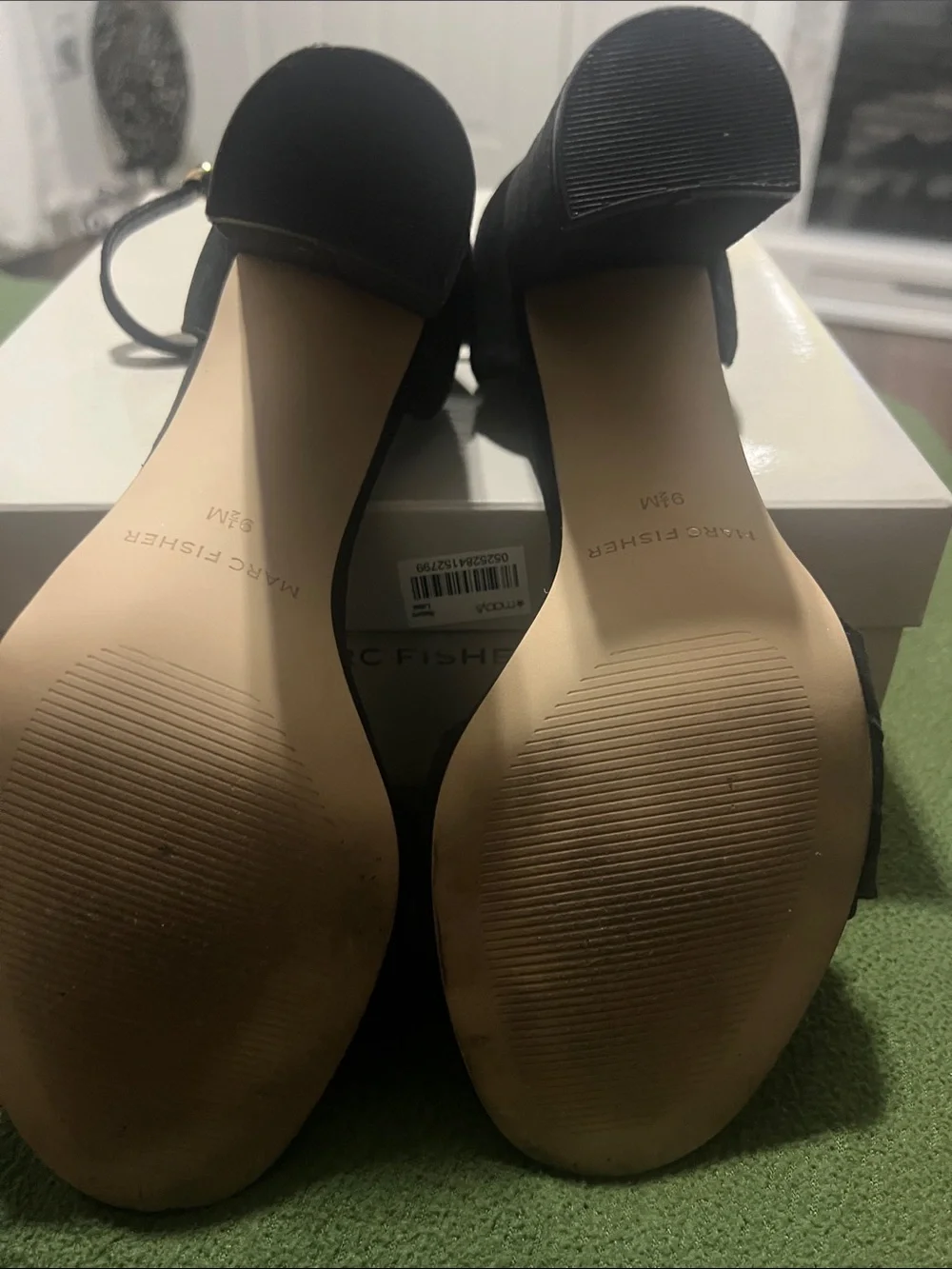 Marc Fisher Black Suede Pearl-Trim Ankle Strap Heels